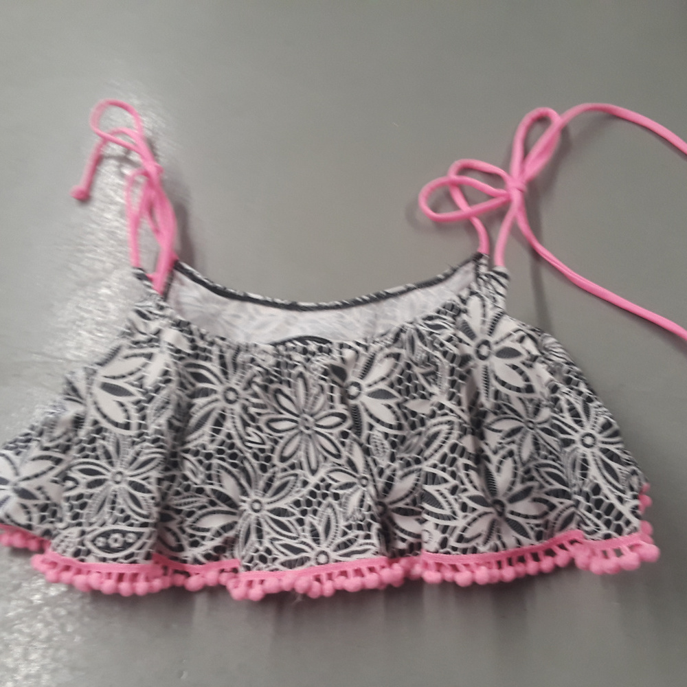 Bikini top black white pink floral print